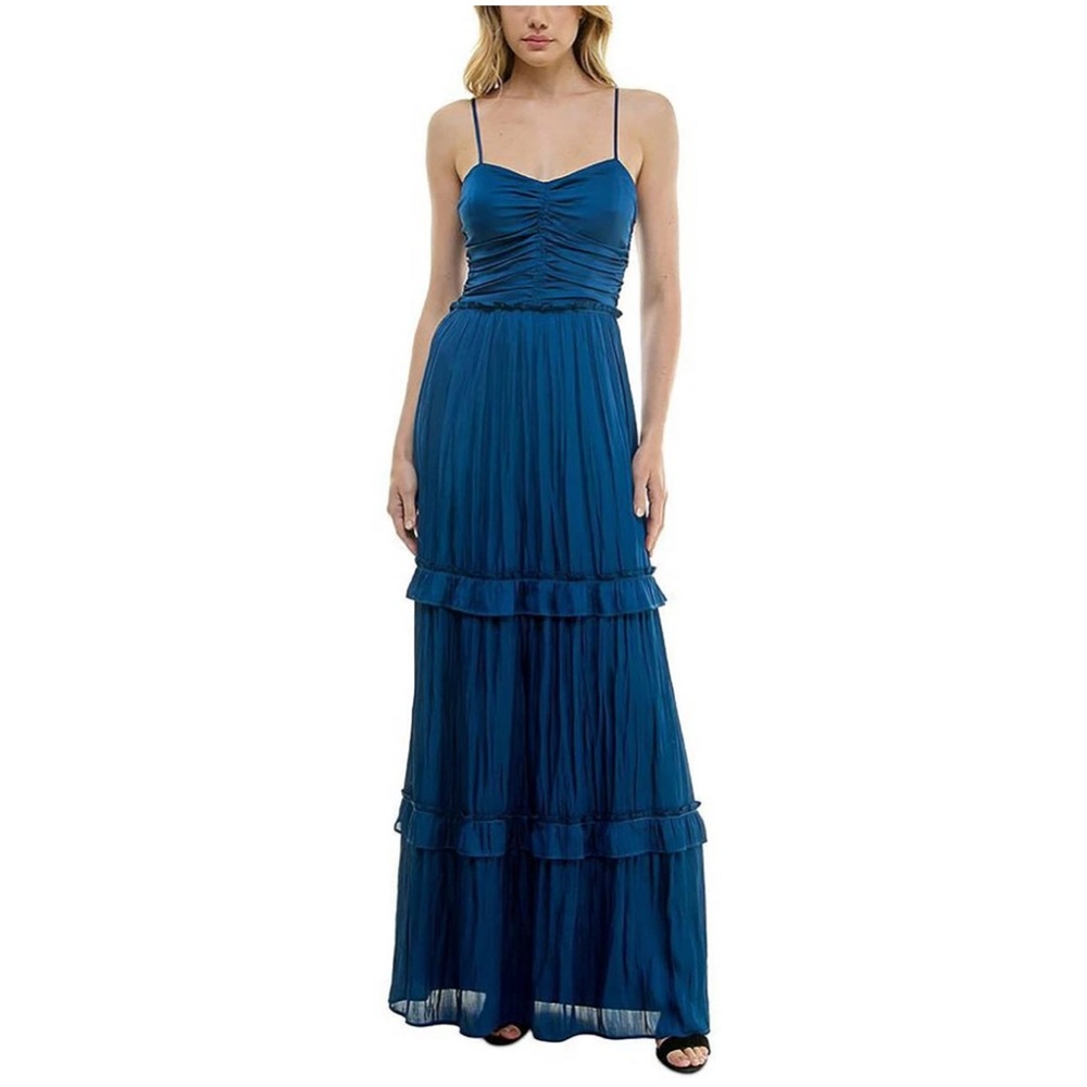 Crystal Doll Womens Blue Ruched Tiered Maxi Evening Dress XS